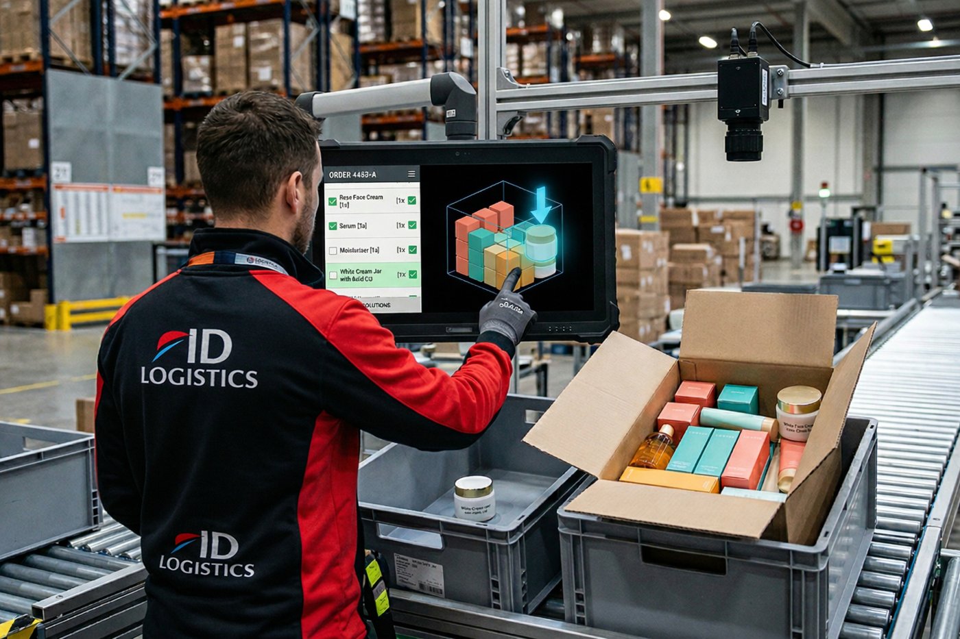 Opérateur devant un écran d'aide visuelle au colisage